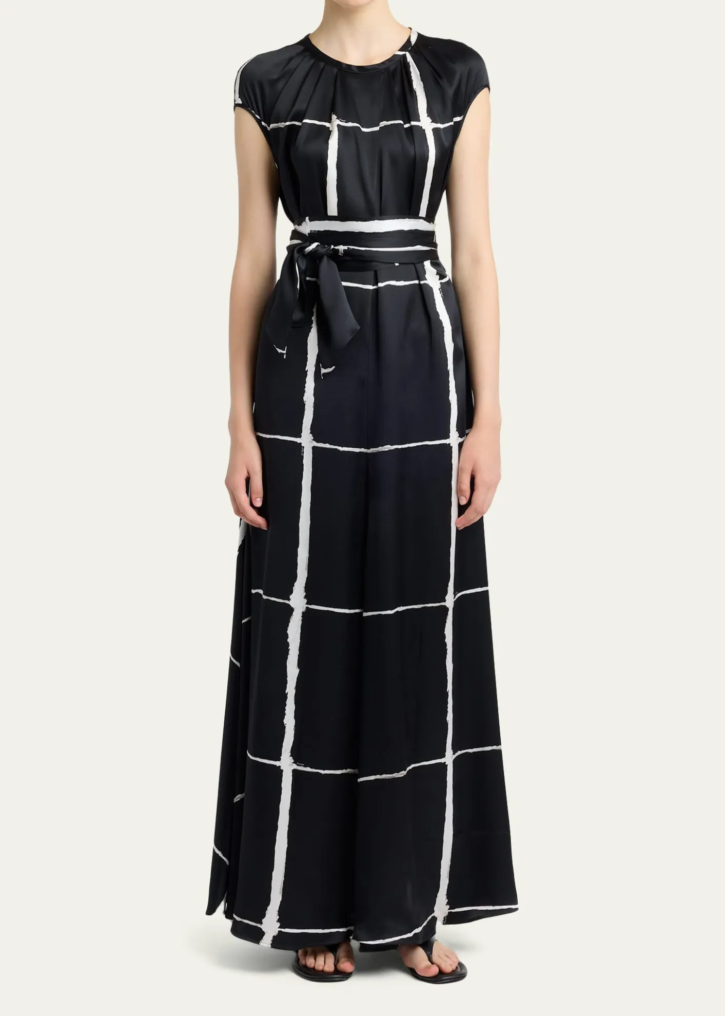KitonWindowpane-Print Silk Cap-Sleeve Maxi Dress