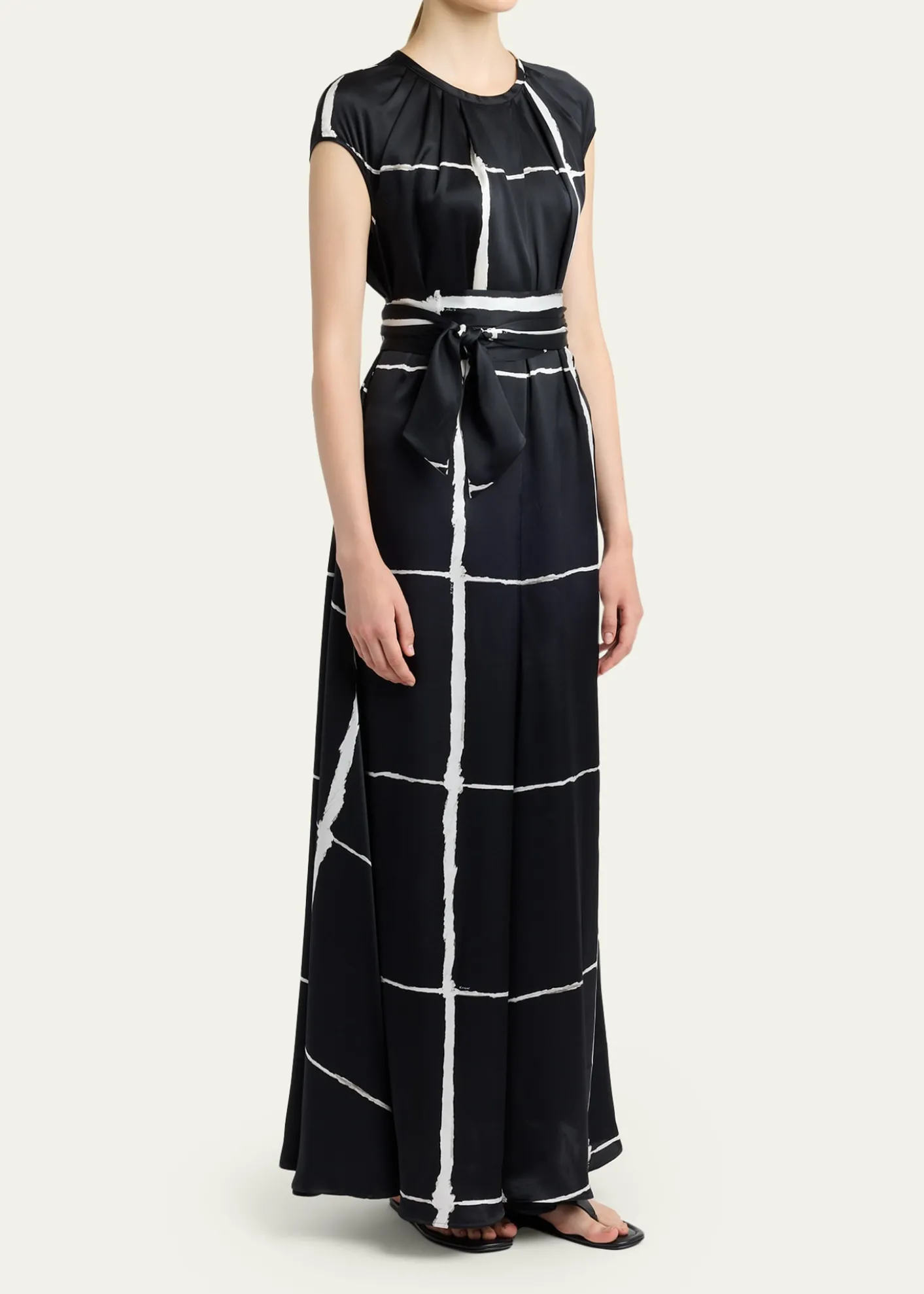 KitonWindowpane-Print Silk Cap-Sleeve Maxi Dress