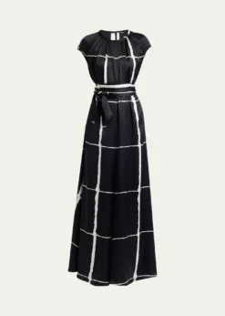 KitonWindowpane-Print Silk Cap-Sleeve Maxi Dress