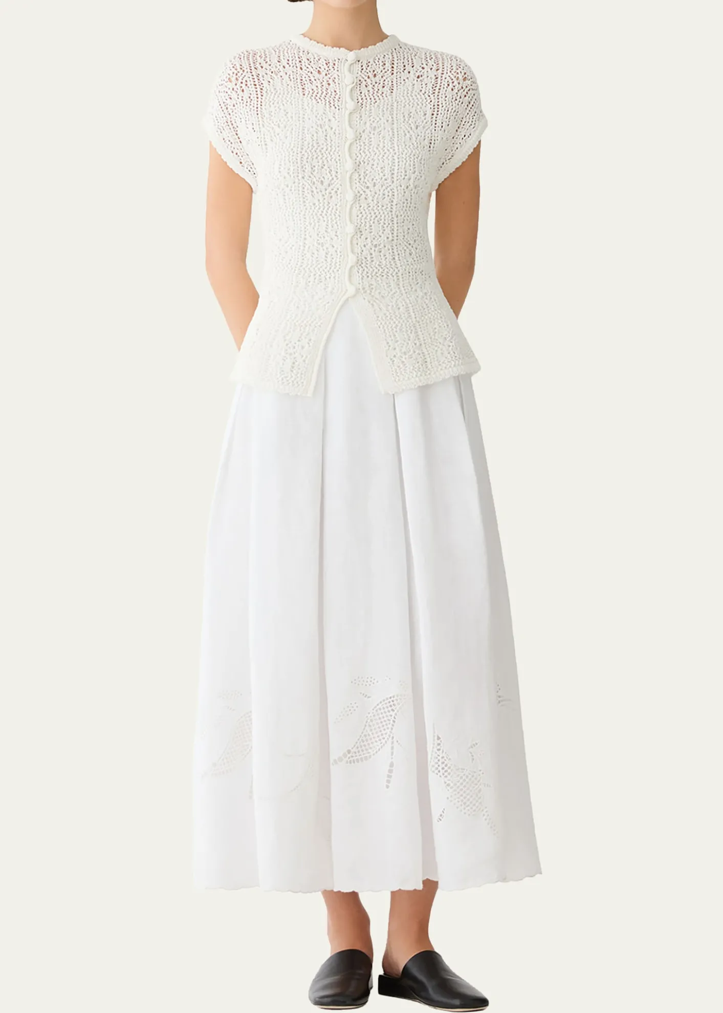Lafayette 148 New YorkPleated Cutout Embroidered Linen Maxi Skirt