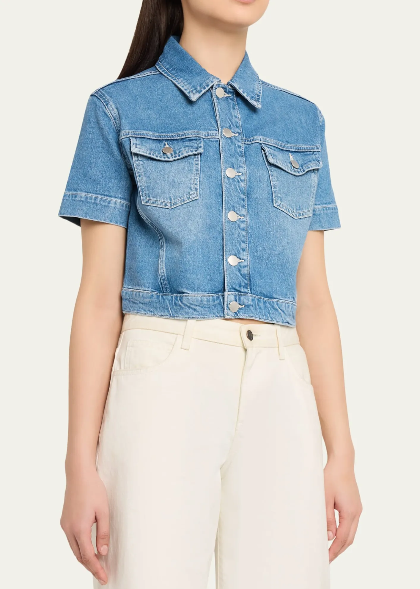 L'AgenceKirstie Cropped Short-Sleeve Denim Jacket