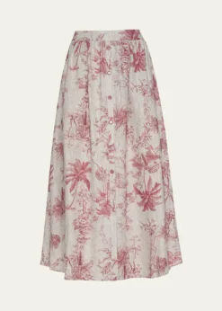 L'AgenceSeina Pleated Etoile-Print Linen Midi Skirt