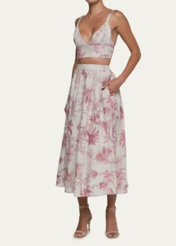 L'AgenceSeina Pleated Etoile-Print Linen Midi Skirt