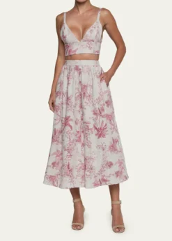 L'AgenceSeina Pleated Etoile-Print Linen Midi Skirt