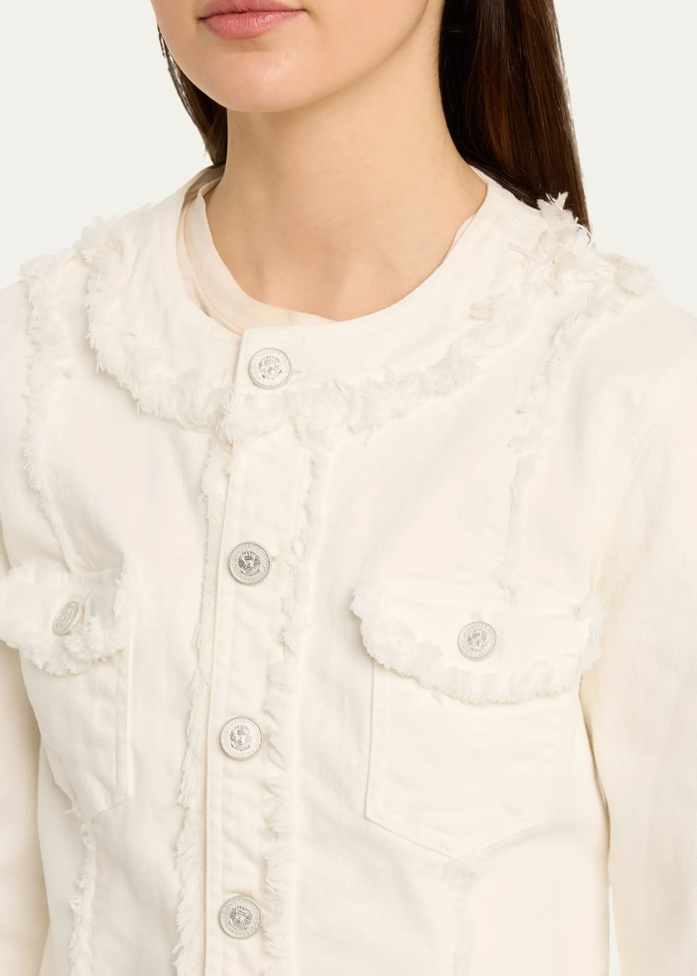 L'AgenceYarin Fringe-Trim Collarless Denim Jacket