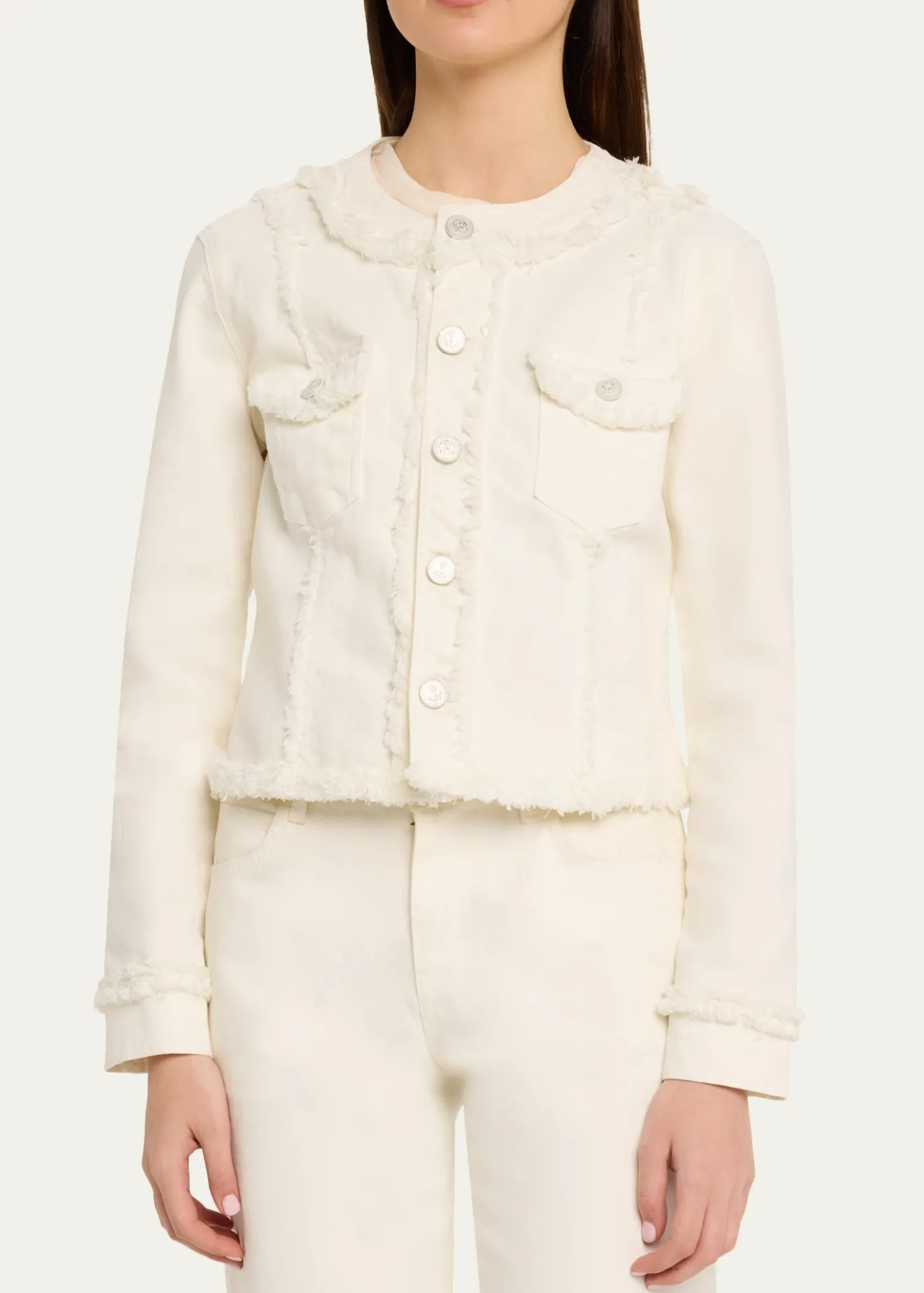 L'AgenceYarin Fringe-Trim Collarless Denim Jacket