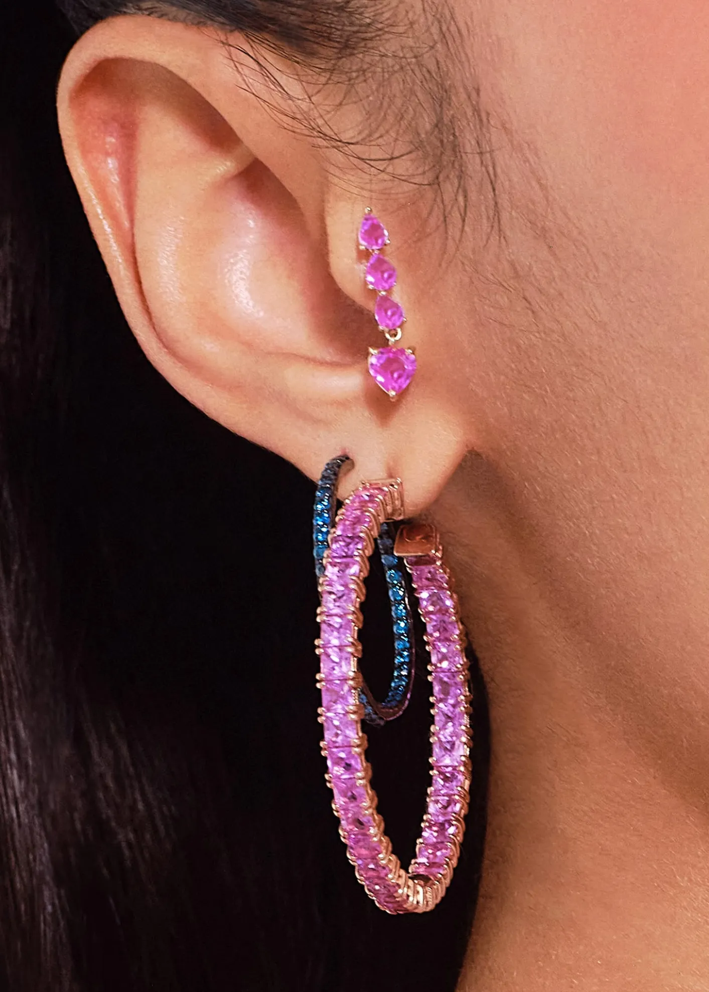 LanaPink Sapphire Heart and Pear Crawler Earrings