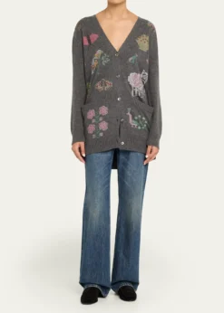 LibertineNeedlepoint Embellished Cashmere Oversized V-Neck Cardigan