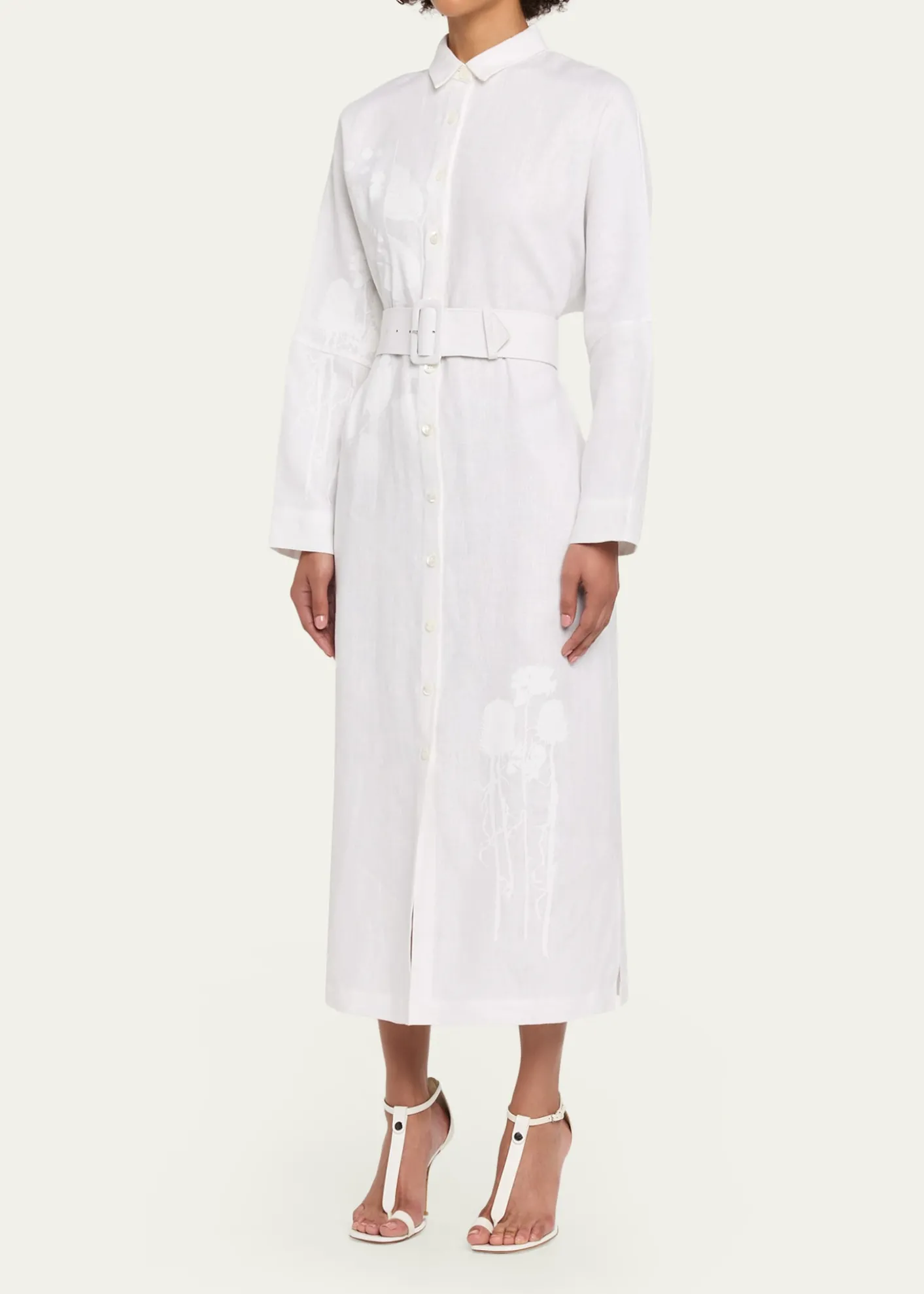 LibertineWhite On White Hand Silk Screen Belted Linen Shirtdress