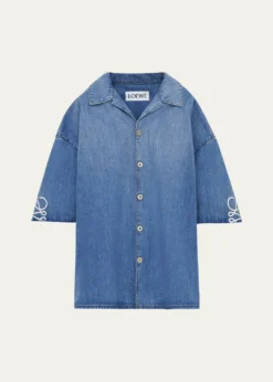 LoeweMen's Washed Denim Anagram-Sleeve Camp Shirt