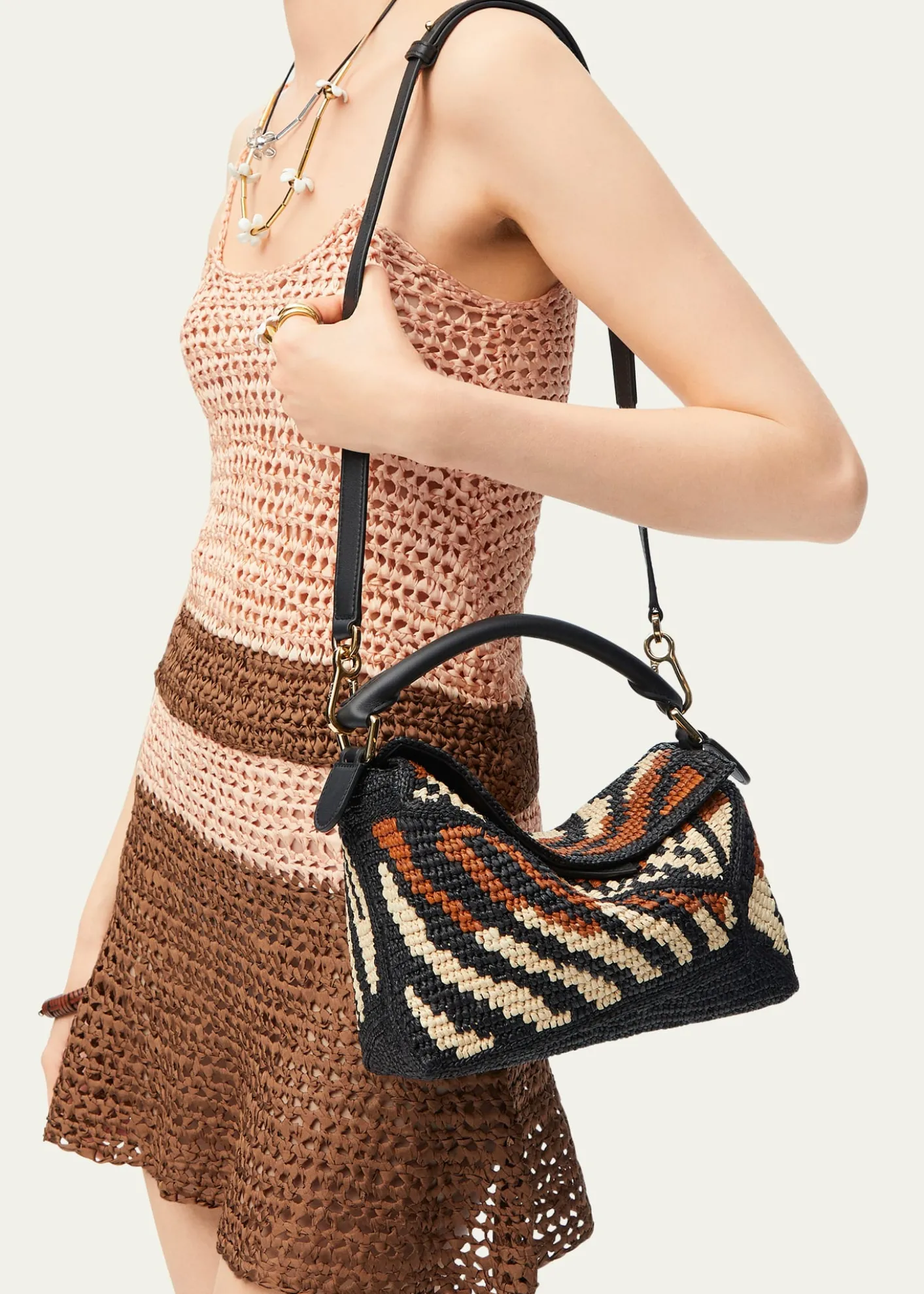LoewePuzzle Edge Small Top-Handle Bag in Raffia and Leather