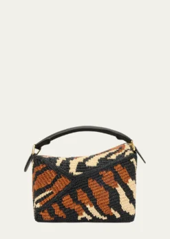 LoewePuzzle Edge Small Top-Handle Bag in Raffia and Leather