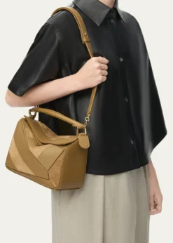 LoewePuzzle Small Striped Top-Handle Bag in Leather & Suede