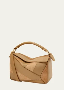 LoewePuzzle Small Striped Top-Handle Bag in Leather & Suede