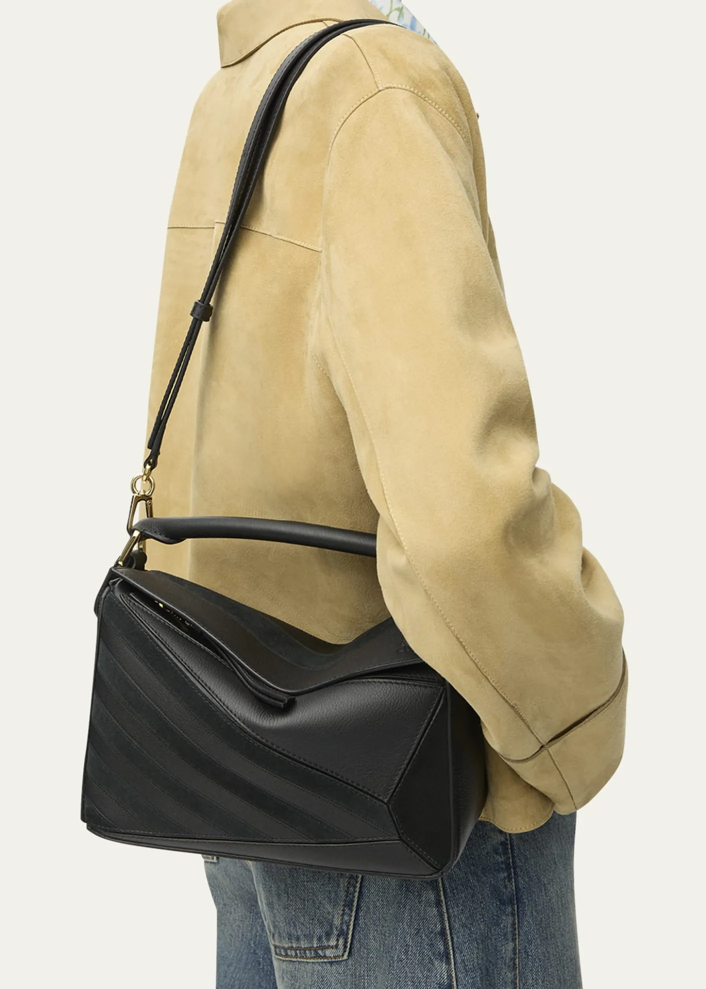 LoewePuzzle Small Striped Top-Handle Bag in Leather & Suede
