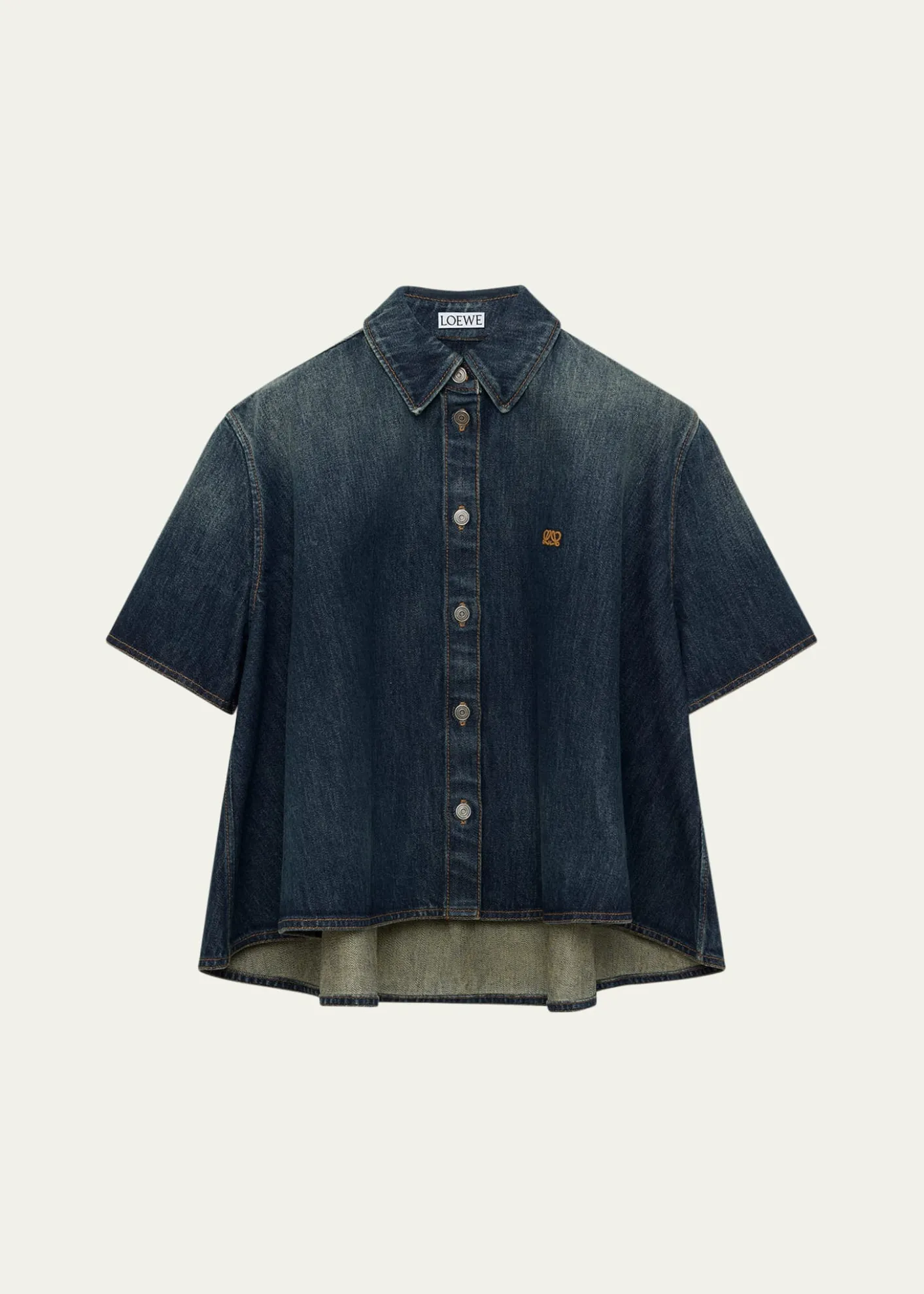 LoeweShort-Sleeve Denim Trapeze Button-Down Shirt