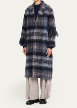 LoeweSingle-Breasted Plaid Wool Fringe Long Coat