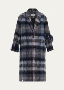 LoeweSingle-Breasted Plaid Wool Fringe Long Coat