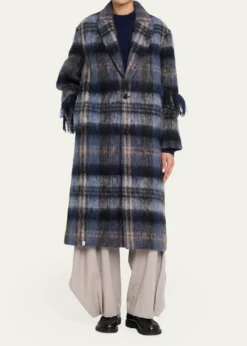 LoeweSingle-Breasted Plaid Wool Fringe Long Coat