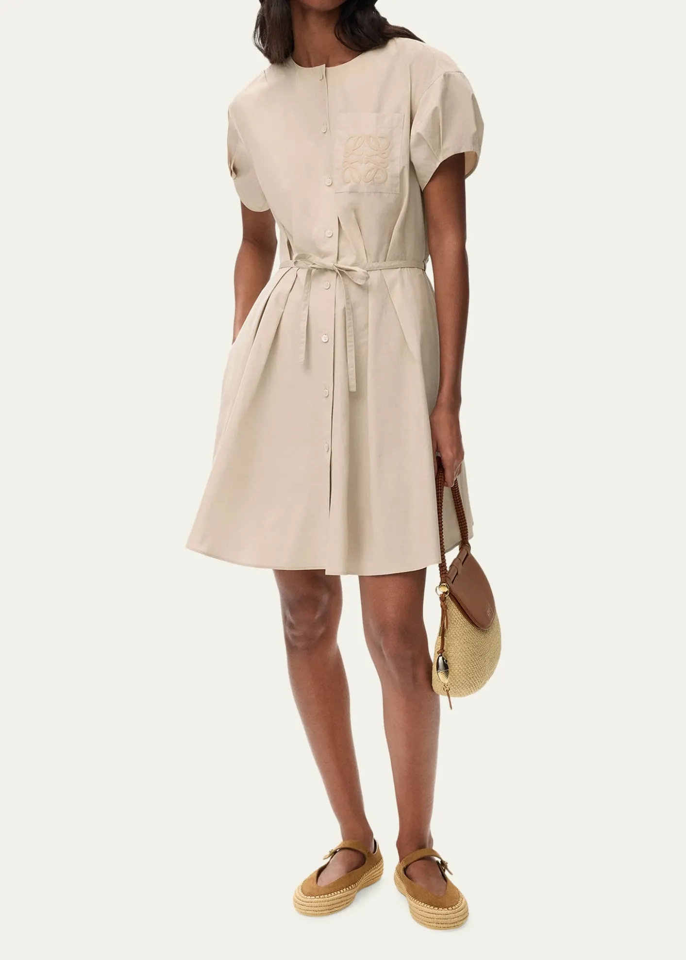 Loewex Paula's Ibiza Anagram Puff-Sleeve Pleated Mini Shirtdress