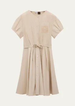 Loewex Paula's Ibiza Anagram Puff-Sleeve Pleated Mini Shirtdress