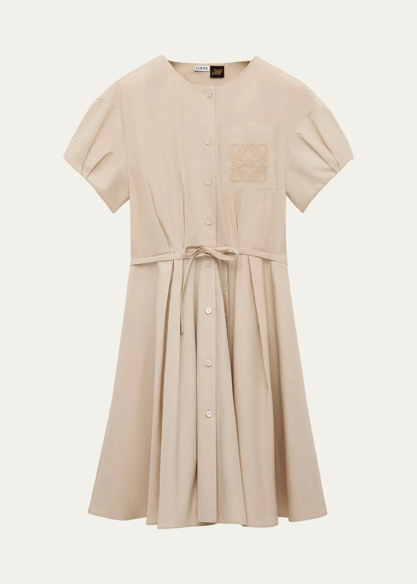 Loewex Paula's Ibiza Anagram Puff-Sleeve Pleated Mini Shirtdress