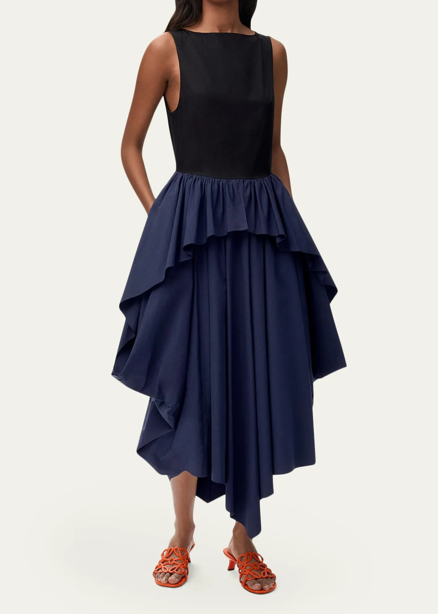 Loewex Paula's Ibiza Asymmetric Ruffle Cotton Sleeveless Midi Dress