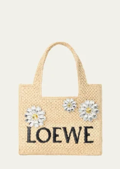 Loewex Paula's Ibiza Crystal Floral Applique Raffia Tote Bag