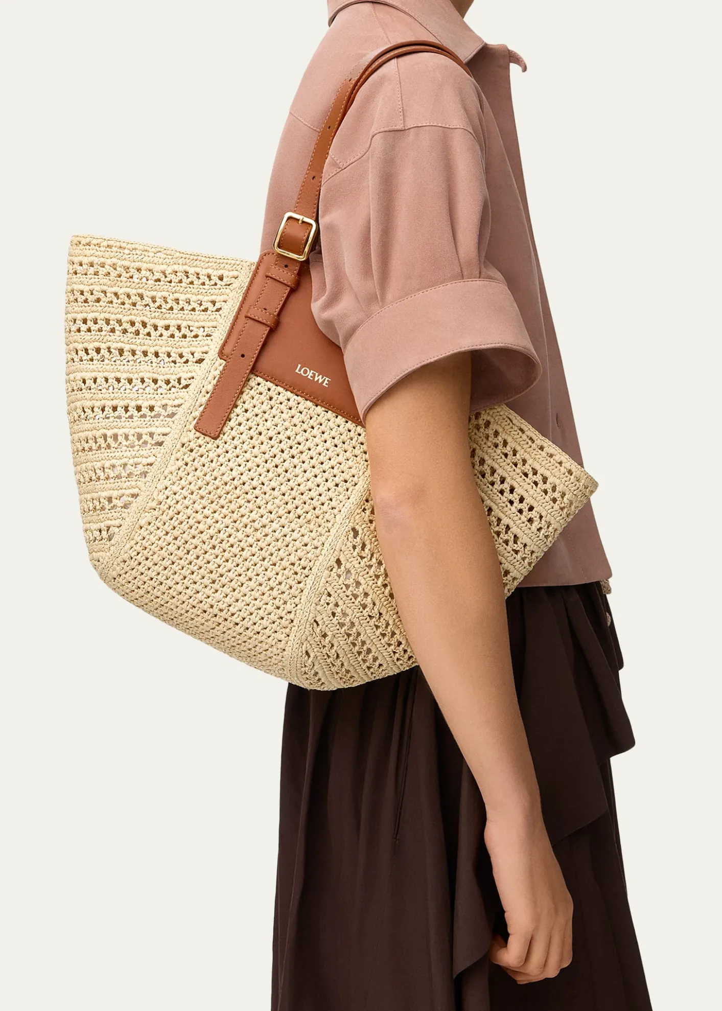 Loewex Paula's Ibiza Medium Hammock Cabas Bag in Raffia and Calfskin
