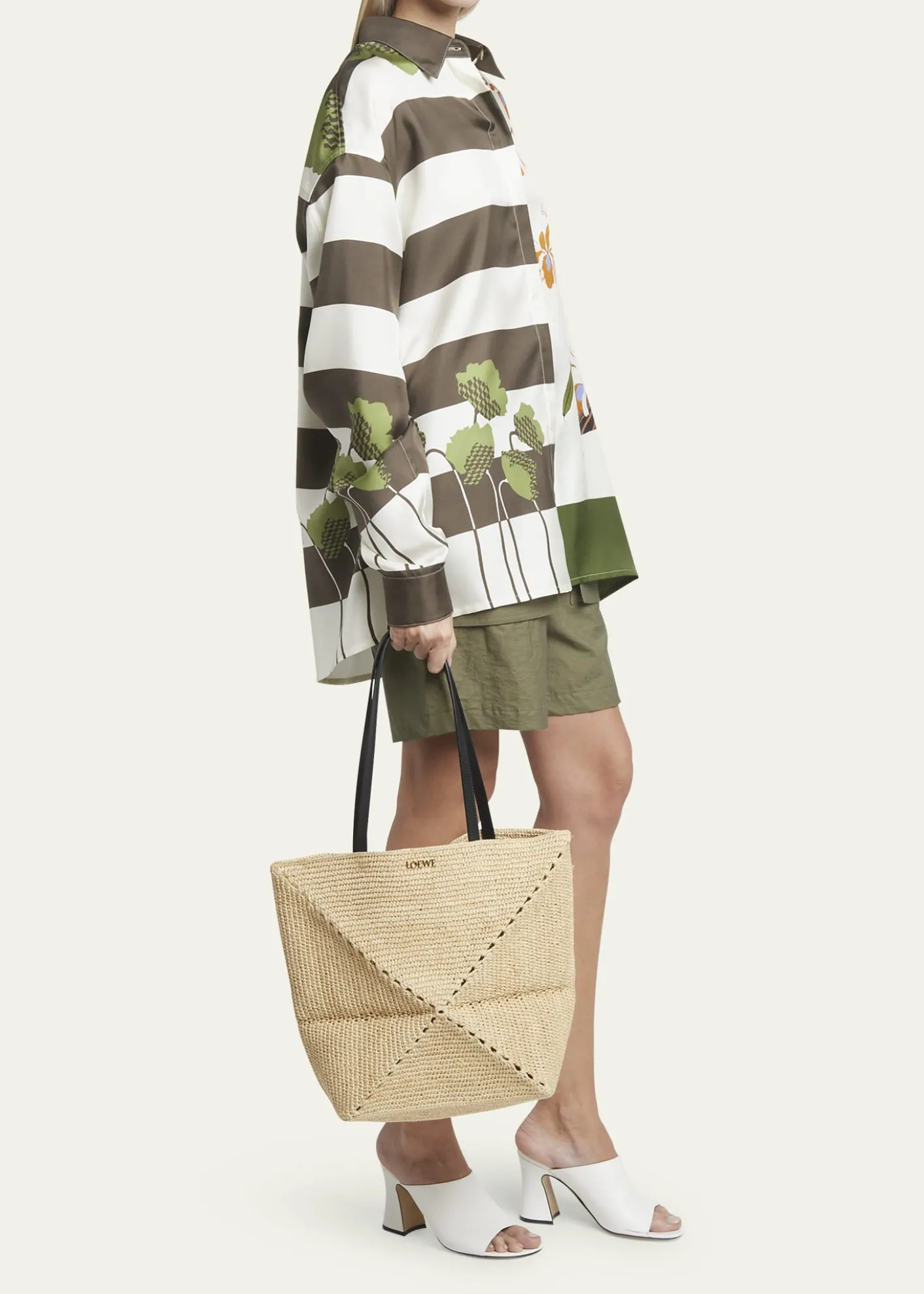 Loewex Paula's Ibiza Medium Puzzle Fold Tote Bag in Raffia with Leather Handles