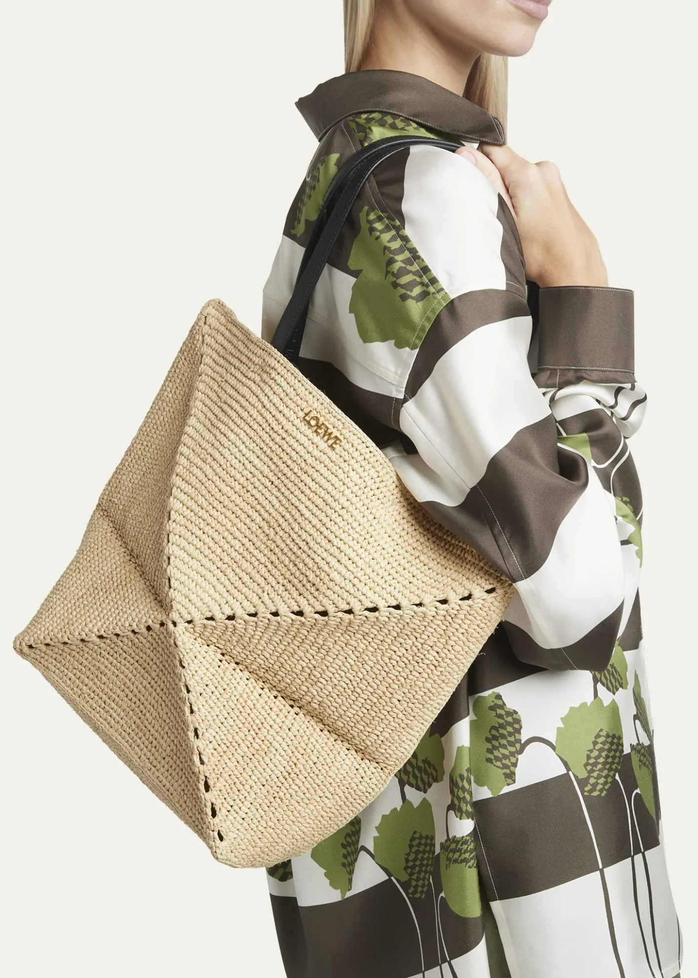 Loewex Paula's Ibiza Medium Puzzle Fold Tote Bag in Raffia with Leather Handles