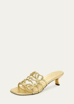 Loewex Paula's Ibiza 45mm Petal Anagram Metallic Leather Mule Sandals
