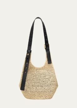 Loewex Paula's Ibiza Small Punch Hole Hobo Bag in Raffia and Leather