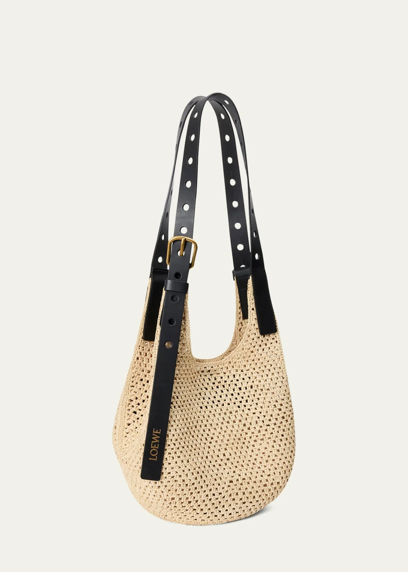 Loewex Paula's Ibiza Small Punch Hole Hobo Bag in Raffia and Leather