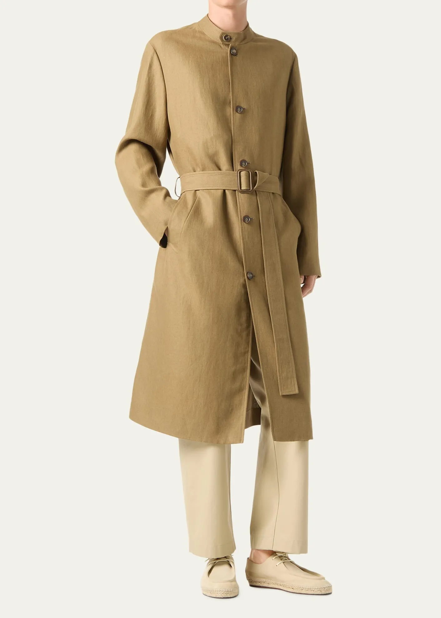 Loro PianaMen's Doran Linen Band-Collar Belted Trench Coat