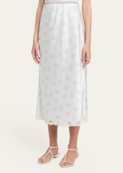 LoveShackFancyCastle Floral Satin Midi Skirt