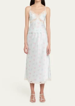 LoveShackFancyCastle Floral Satin Midi Skirt