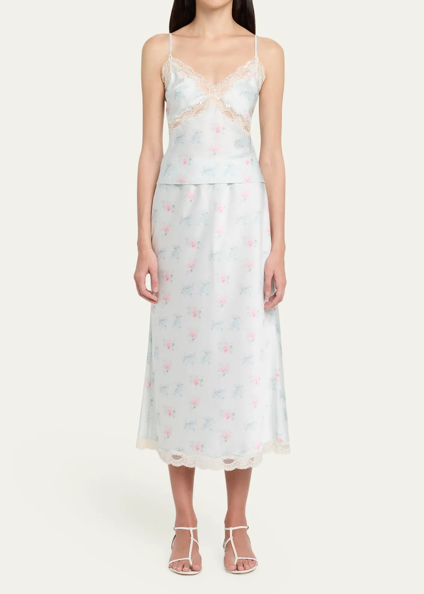 LoveShackFancyCastle Floral Satin Midi Skirt