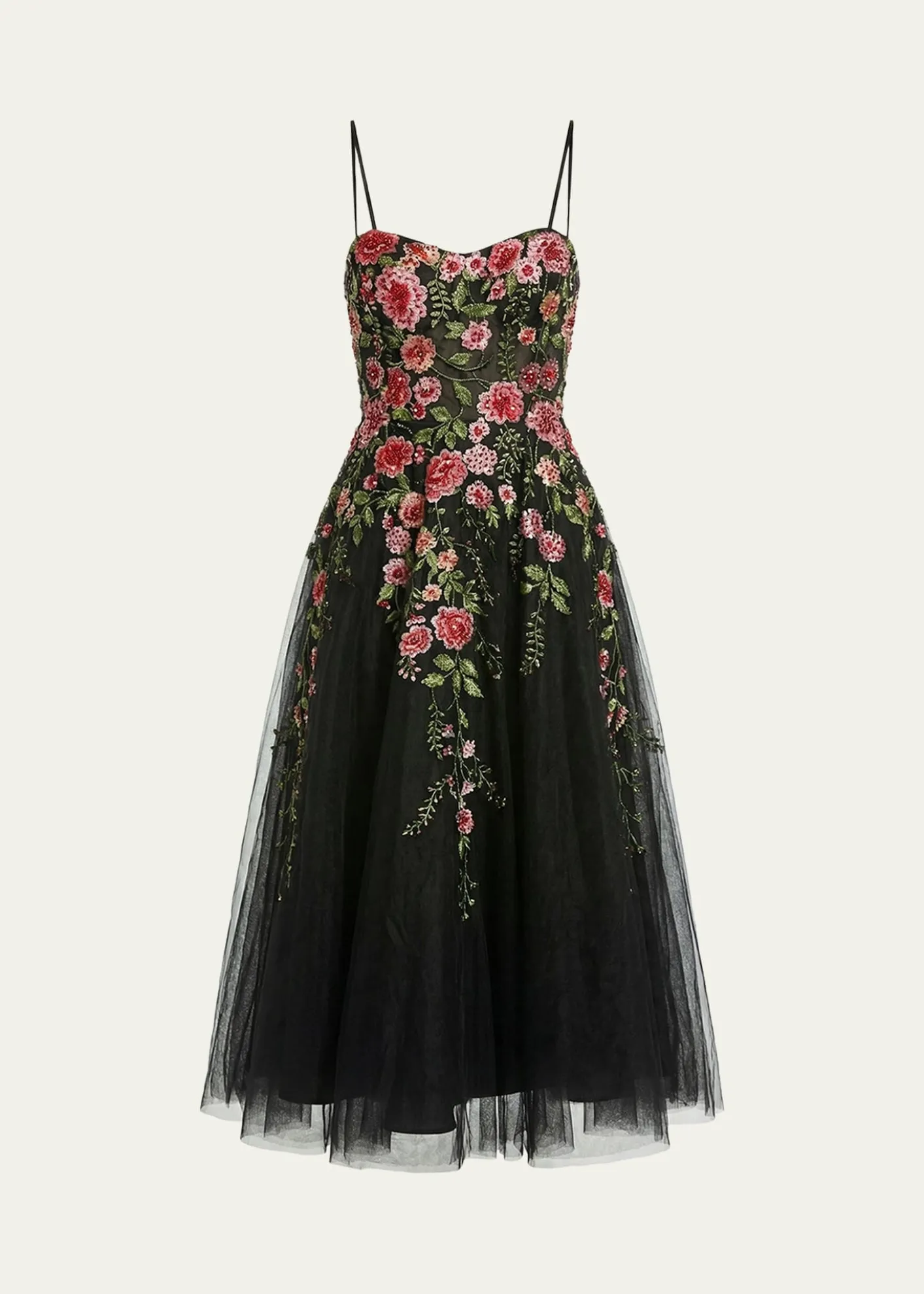 Mac DuggalFloral-Embroidered Tulle Midi Dress