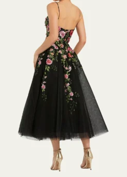 Mac DuggalFloral-Embroidered Tulle Midi Dress