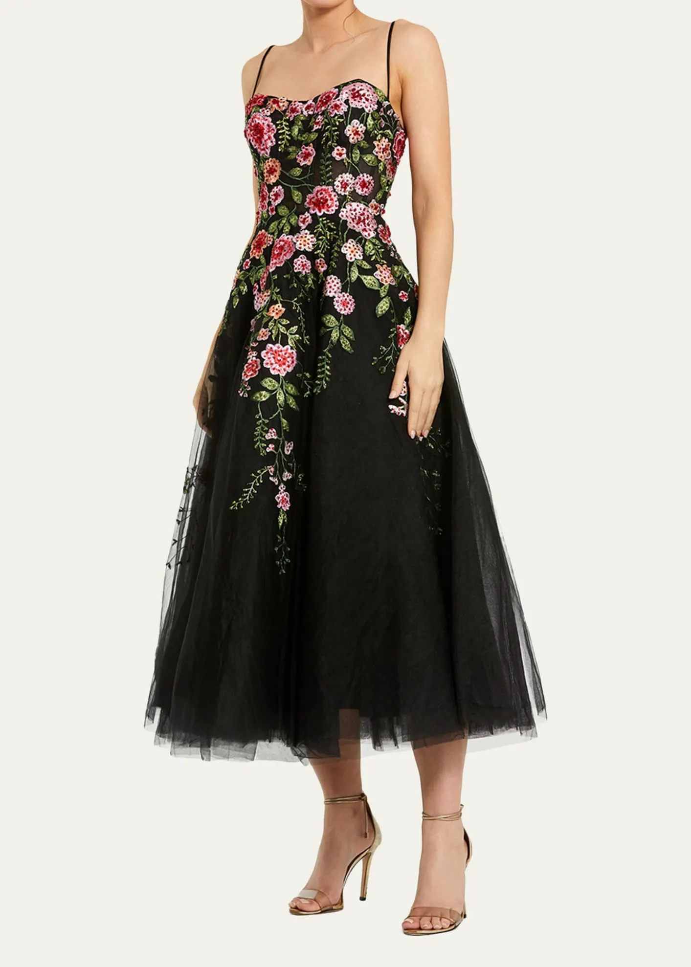 Mac DuggalFloral-Embroidered Tulle Midi Dress