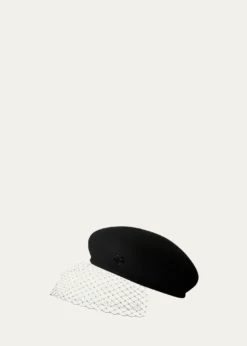 Maison MichelNew Bonnie Black Veil Felt Beret