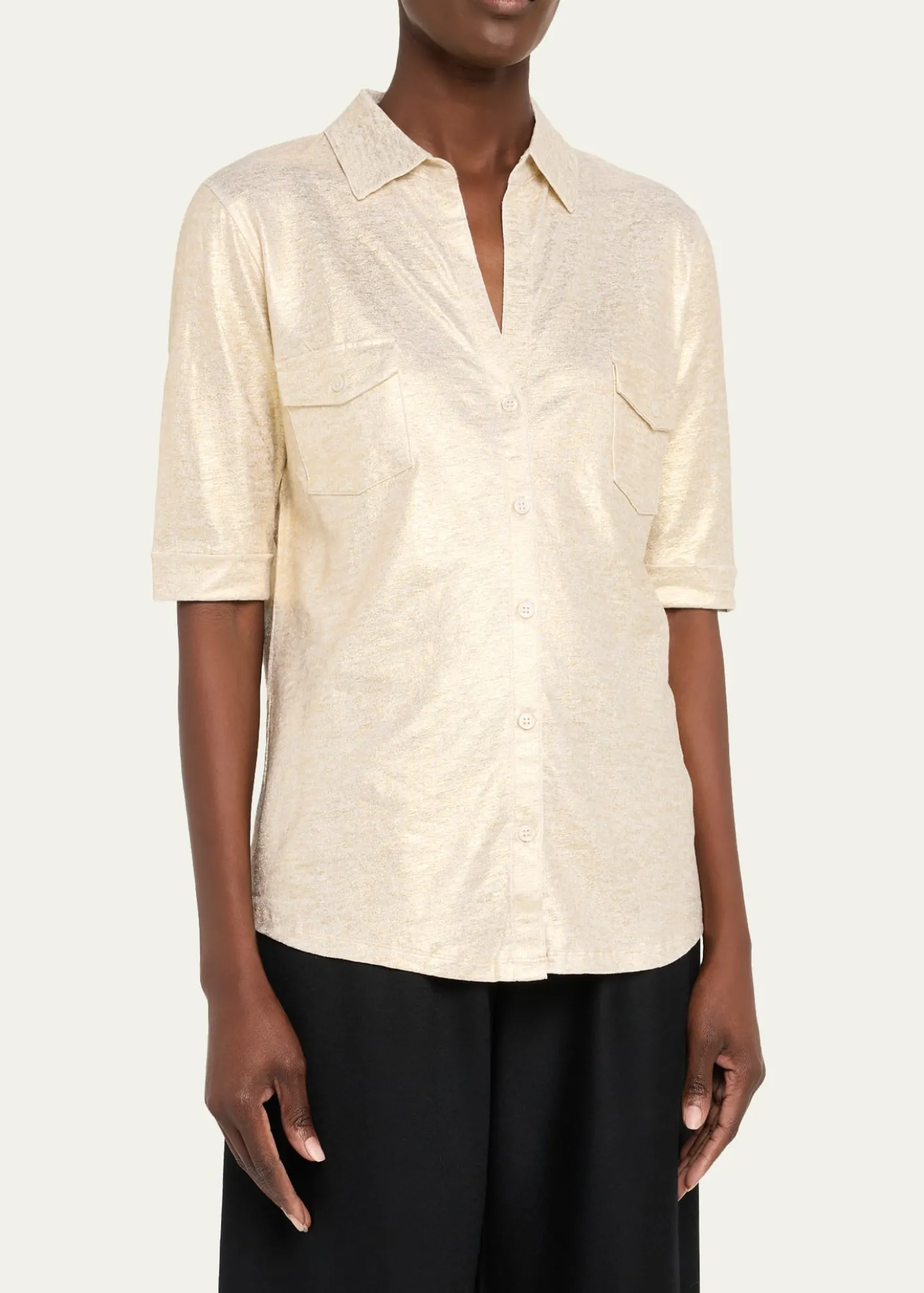 Majestic FilaturesButton-Down Metallic Stretch Linen Shirt