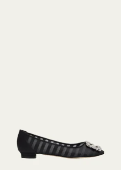 Manolo BlahnikHangisla Striped Organza Jewel-Buckle Flats