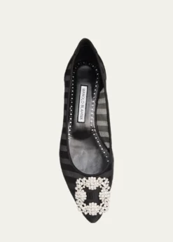 Manolo BlahnikHangisla Striped Organza Jewel-Buckle Flats