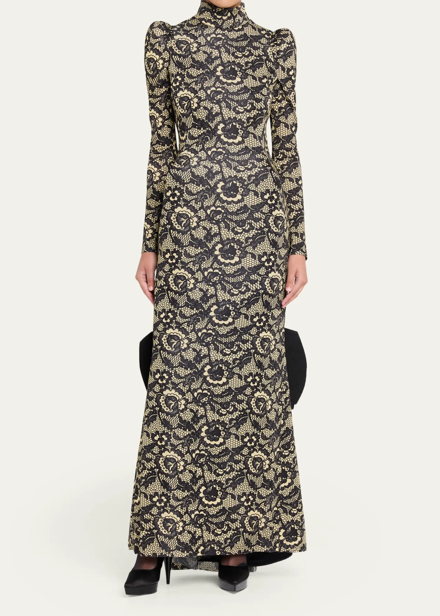 Marc Jacobs RunwayLace-Print Sculptural Long-Sleeve Bow Trumpet Gown