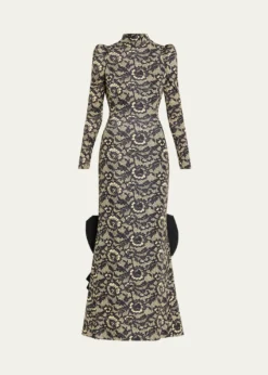 Marc Jacobs RunwayLace-Print Sculptural Long-Sleeve Bow Trumpet Gown
