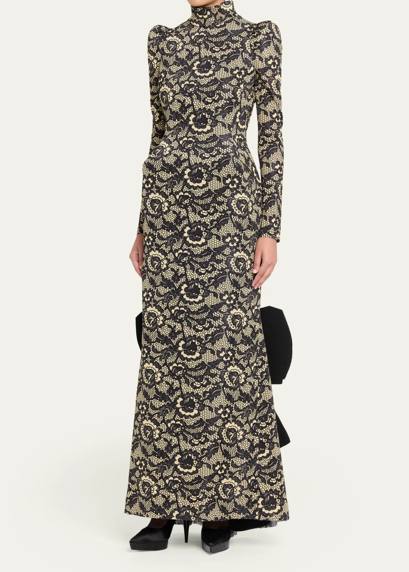 Marc Jacobs RunwayLace-Print Sculptural Long-Sleeve Bow Trumpet Gown