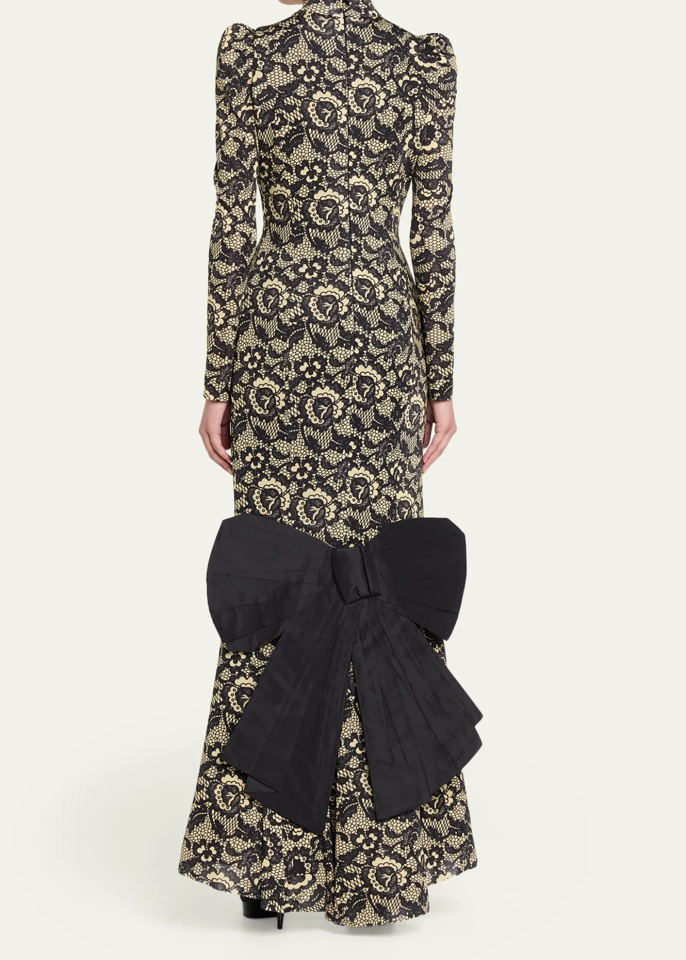 Marc Jacobs RunwayLace-Print Sculptural Long-Sleeve Bow Trumpet Gown