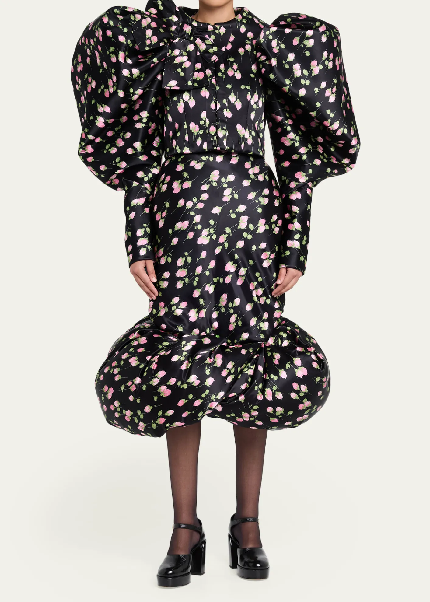 Marc Jacobs RunwayRose-Print Satin Bow Balloon-Sleeve Crop Jacket